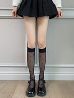 LS Kaos Kaki Putih Renda Panjang Polos & Bermotif Tipis Fashion Wanita Lucu All Size 8429 Stocking Korean Style Hitam Cute