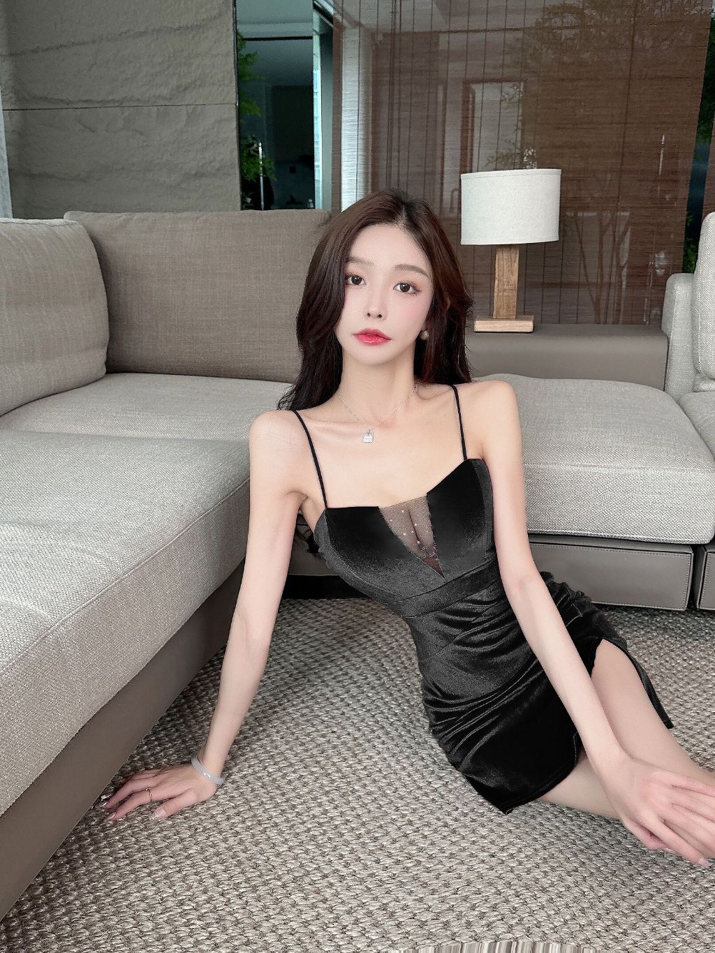 Bodycon Mini Dress Polos Sexy Elegant Spaghetti Strap Neck ( S/M/L ) 8619 Pakain Party Premium Tanpa Lengan With Side Split