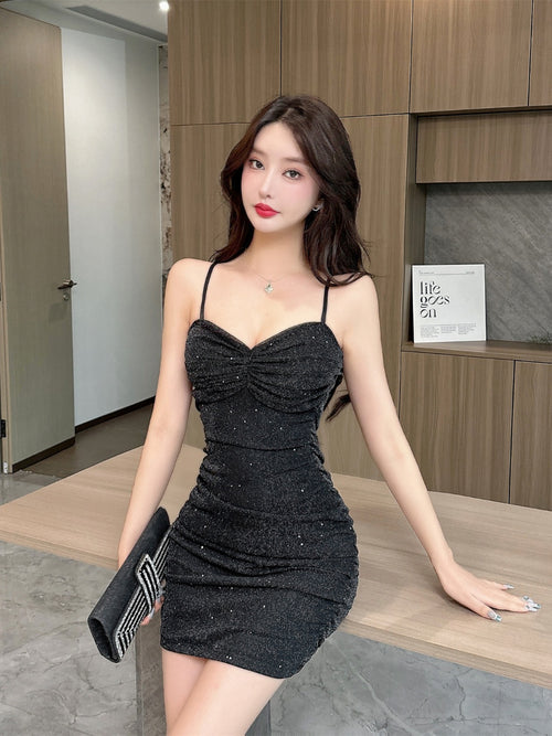 Bodycon Mini Dress Mengkilap Polos Kerut Sexy Elegant Spaghetty Strap Neck ( S/M/L ) 8633 Pakaian Party Tulle Premium Tanpa Lengan