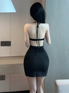 LS Bodycon Mini Dress Wanita Elegant Polos Hollow Halter Neck (S/M/L) 8521 Pakaian Party Fashion Tanpa Lengan With Side Slit