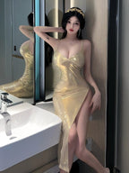 Glossy Long Dress Elegant With Spaghetti Strap Robe Low Cut 8553 (S/M/L)