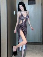 Hollow Out Waist High Split Strap Mid length Dress 8672 (S/M/L)