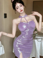 LS Bodycon Mini Dress Polos Mengkilap Halter Neck Dengan Detail Kerut ( S/M/L ) 8665 Pakaian Party Women Tanpa Lengan Shinning