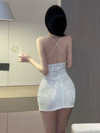 Sequins Halter Neck Off Shoulder Strap Dress Elegant 8668 (S/M/L)