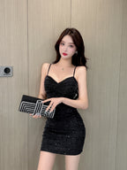 Bodycon Mini Dress Mengkilap Polos Kerut Sexy Elegant Spaghetty Strap Neck ( S/M/L ) 8633 Pakaian Party Tulle Premium Tanpa Lengan