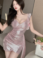 LS Bodycon Mini Dress Kerut Surplice Neck Spaghetti Strap Polos Mengkilap ( S/M/L ) 8662 Pakaian Party Asymmetrical Sexy Elegant