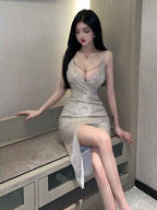 LS Bodycon Midi Dress Glitter Polos V-Neck Tanpa Lengan Sexy Elegant (S/M/L) 8666 Pakaian Party Mengkilap Spaghetti Strap