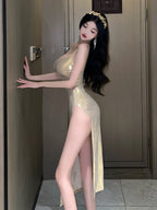 Glossy Long Dress Elegant With Spaghetti Strap Robe Low Cut 8553 (S/M/L)