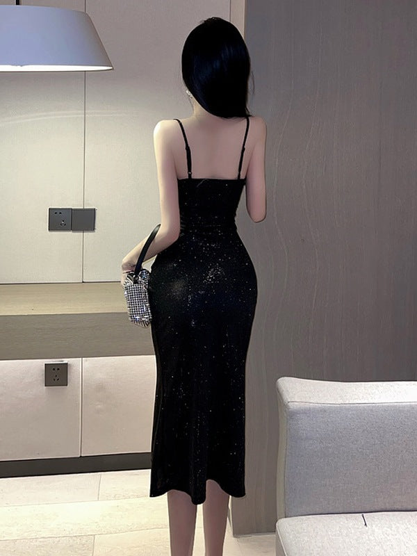 LS Bodycon Midi Dress Glitter Polos V-Neck Tanpa Lengan Sexy Elegant (S/M/L) 8666 Pakaian Party Mengkilap Spaghetti Strap