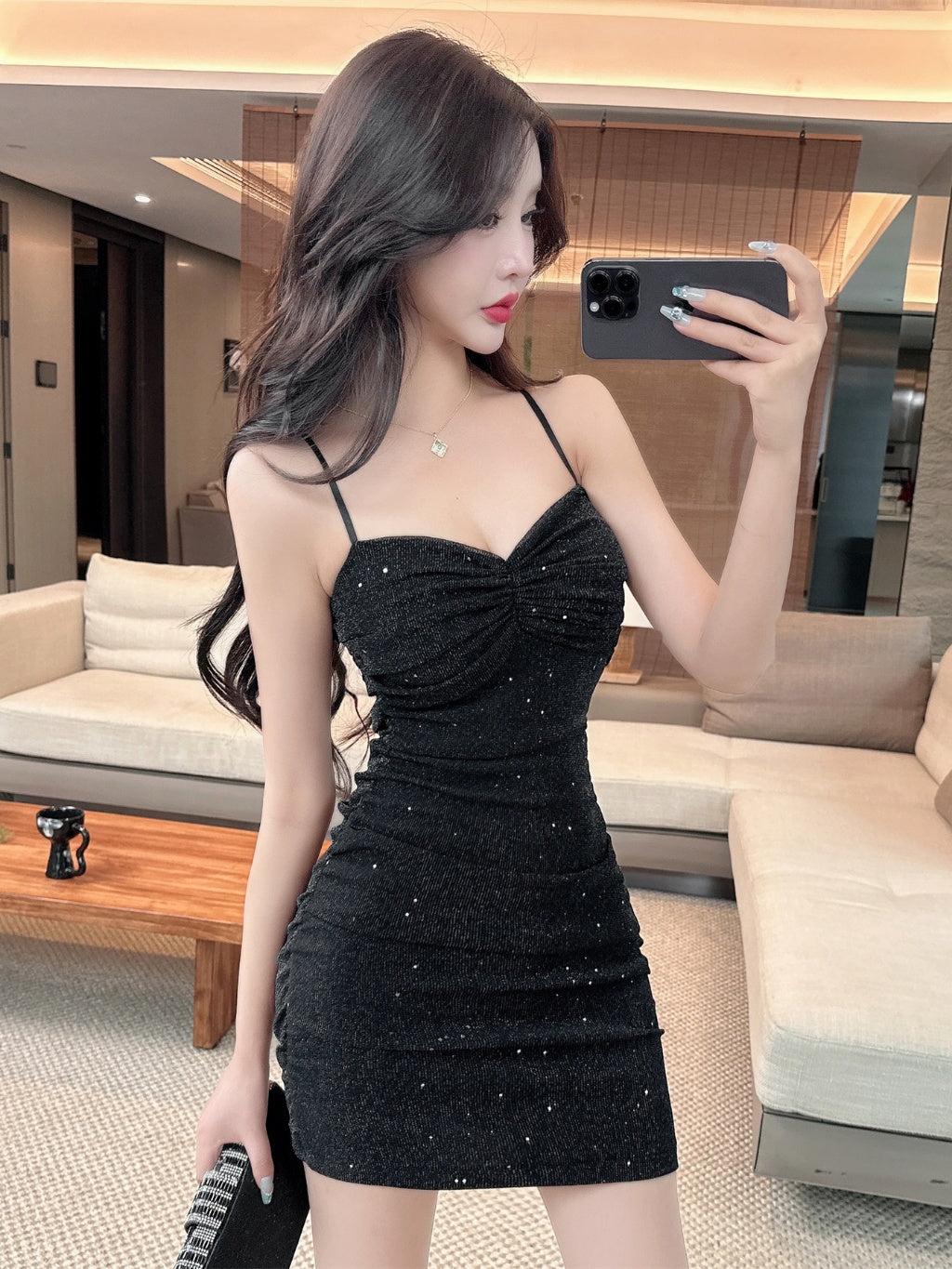 Bodycon Mini Dress Mengkilap Polos Kerut Sexy Elegant Spaghetty Strap Neck ( S/M/L ) 8633 Pakaian Party Tulle Premium Tanpa Lengan