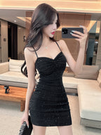 Bodycon Mini Dress Mengkilap Polos Kerut Sexy Elegant Spaghetty Strap Neck ( S/M/L ) 8633 Pakaian Party Tulle Premium Tanpa Lengan