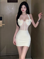 LS Bodycon Mini Dress Elegan Polos Halter Neck Dengan Hiasan Bunga (S/M/L) 8605 Pakaian Women Party Fashion Premium Tanpa Lengan
