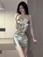 Mini Dress Spaghetti Strap Wrap Hip Metalic 8671
