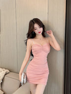 Bodycon Mini Dress Mengkilap Polos Kerut Sexy Elegant Spaghetty Strap Neck ( S/M/L ) 8633 Pakaian Party Tulle Premium Tanpa Lengan