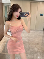 Bodycon Mini Dress Mengkilap Polos Kerut Sexy Elegant Spaghetty Strap Neck ( S/M/L ) 8633 Pakaian Party Tulle Premium Tanpa Lengan