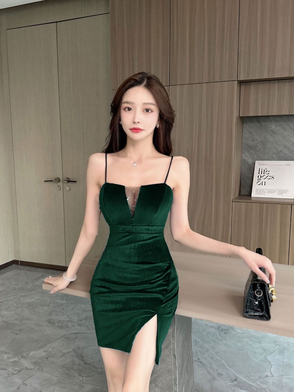 Bodycon Mini Dress Polos Sexy Elegant Spaghetti Strap Neck ( S/M/L ) 8619 Pakain Party Premium Tanpa Lengan With Side Split