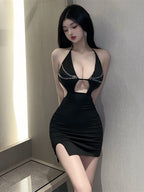LS Bodycon Mini Dress Wanita Elegant Polos Hollow Halter Neck (S/M/L) 8521 Pakaian Party Fashion Tanpa Lengan With Side Slit