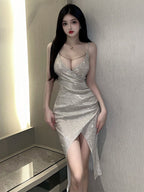 LS Bodycon Midi Dress Glitter Polos V-Neck Tanpa Lengan Sexy Elegant (S/M/L) 8666 Pakaian Party Mengkilap Spaghetti Strap