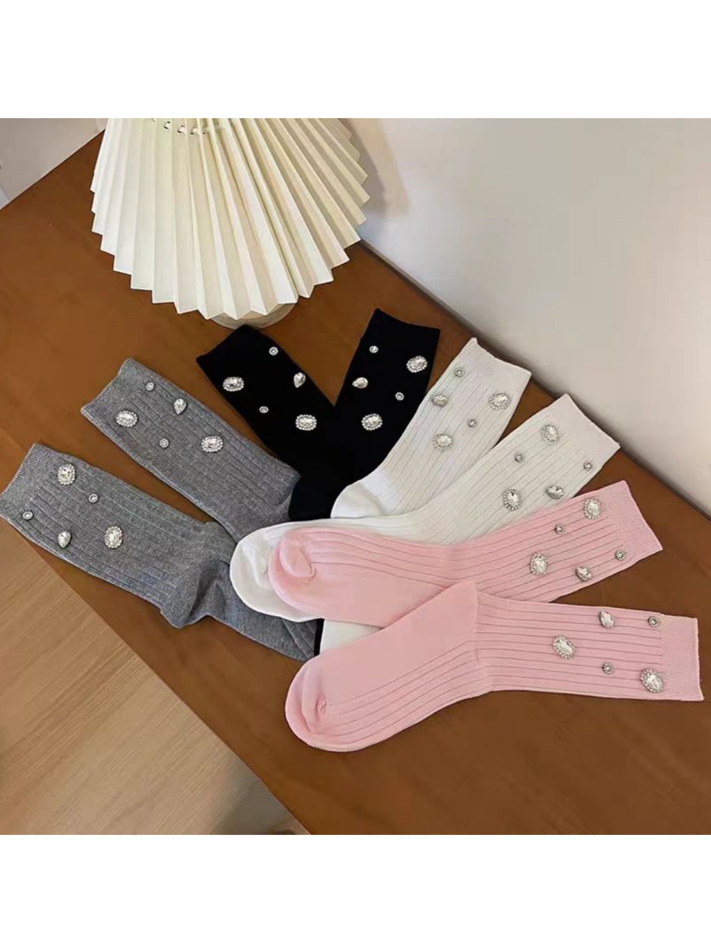 Plain Rhinestone Ribbed Socks 8845