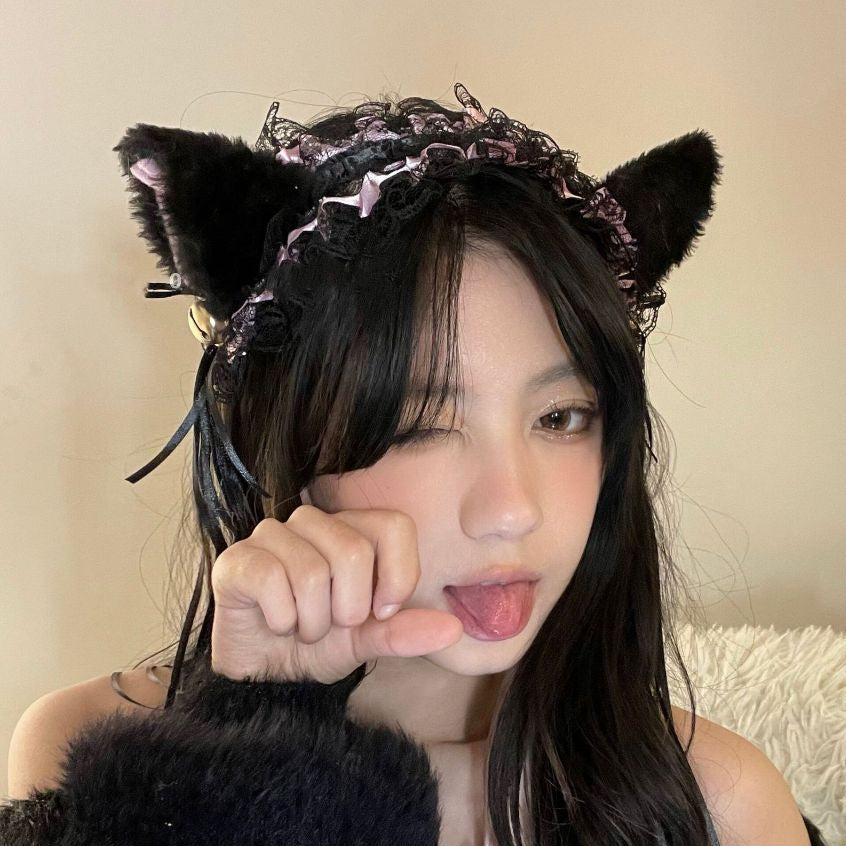 LS Bando Cosplay Lucu Telinga Kucing Renda Tali Rumbai Fashion Lolita All Size 8805 Hiasan Kepala Wanita Cat Ear With Tassel