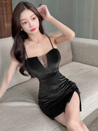 Bodycon Mini Dress Polos Sexy Elegant Spaghetti Strap Neck ( S/M/L ) 8619 Pakain Party Premium Tanpa Lengan With Side Split