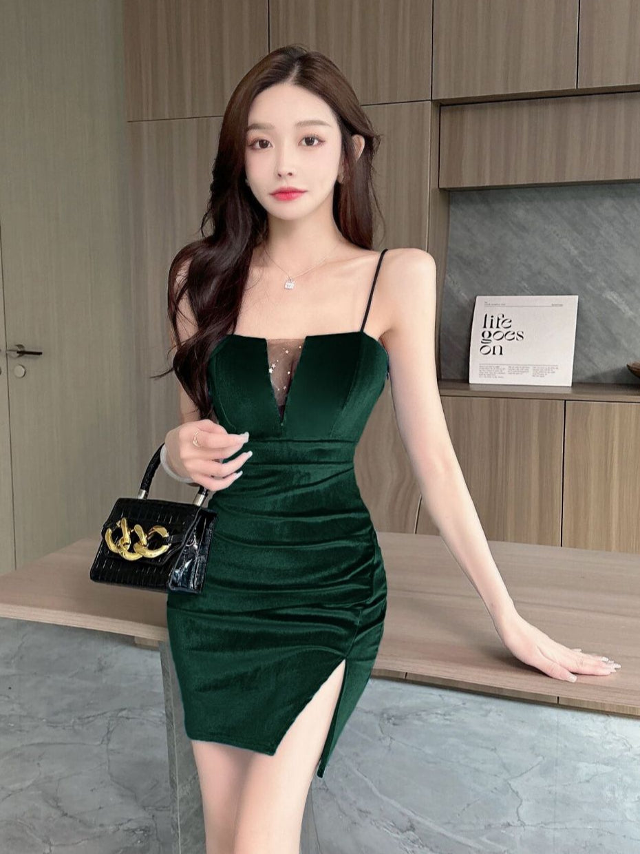 Bodycon Mini Dress Polos Sexy Elegant Spaghetti Strap Neck ( S/M/L ) 8619 Pakain Party Premium Tanpa Lengan With Side Split