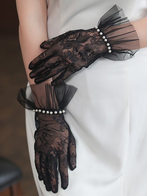 LS Sarung Tangan Wanita Polos Transparan Motif Renda Aksesoris Mutiara All Size 8942 Women Gloves Full Finger Pendek Fashion Lolita