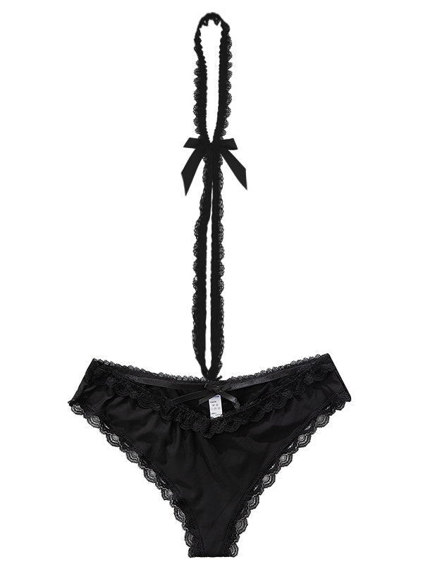 Women's Transparent Lace Panties Hollow Ribbon Straps Halter Neck L004 (M/L)