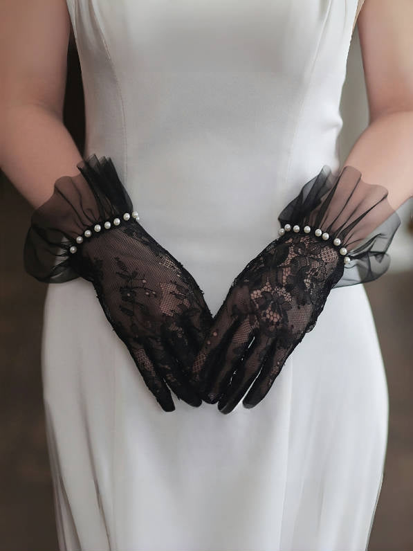 LS Sarung Tangan Wanita Polos Transparan Motif Renda Aksesoris Mutiara All Size 8942 Women Gloves Full Finger Pendek Fashion Lolita