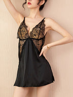 Women's Mini Dress Lingerie Backless V-neck Lace Satin L046