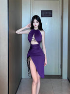 Women V-Neck Slit Tunic Slim Casual Midi Dress Sleeveless Backless Dress L005