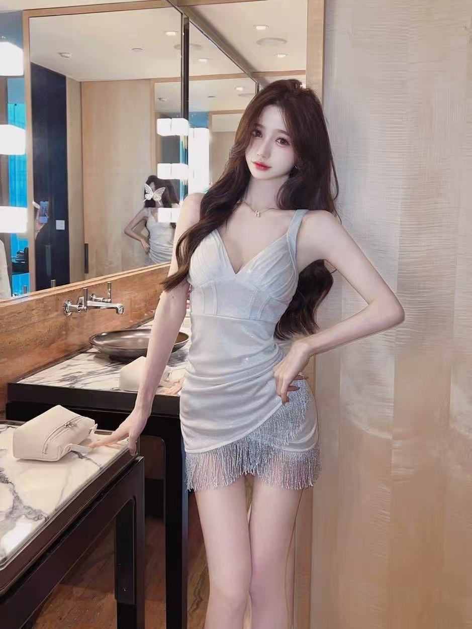 Women's Elegant Sleeveless V-Neck Fringed Mini Evening Gown L022 (S/M/L)