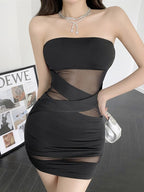 Two Tone Mesh Panel Mini Bodycon Tube Dress 8673 (S/M/L)