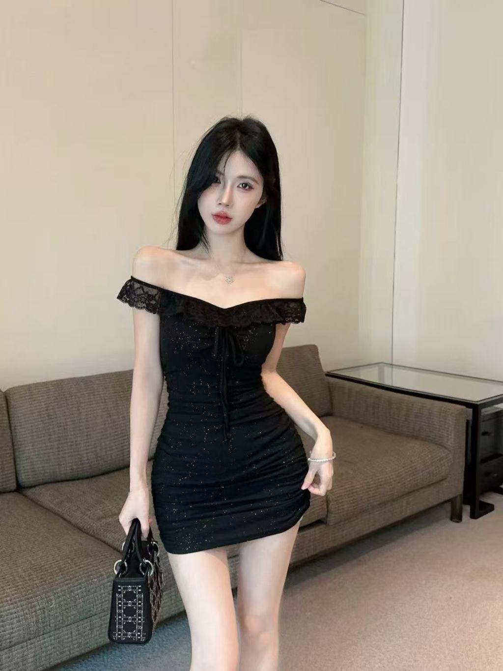 Off Shoulder Glitter Lace Trim Mini Bodycon Dress L020