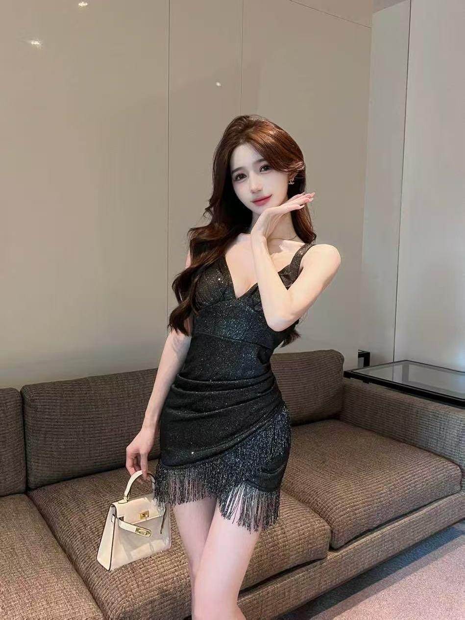 Women's Elegant Sleeveless V-Neck Fringed Mini Evening Gown L022 (S/M/L)