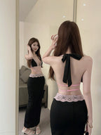 Dresses Women's Chic Suspender Dress Sheer Lace Accents Slit L011