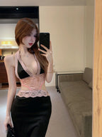 Dresses Women's Chic Suspender Dress Sheer Lace Accents Slit L011