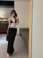 Dresses Women's Chic Suspender Dress Sheer Lace Accents Slit L011