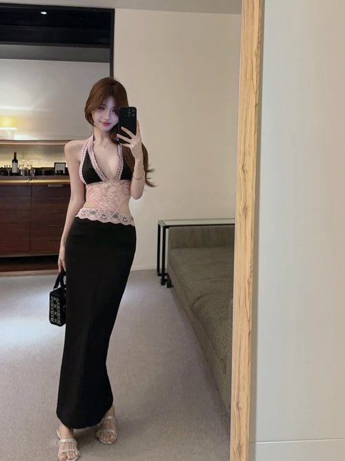 Dresses Women's Chic Suspender Dress Sheer Lace Accents Slit L011
