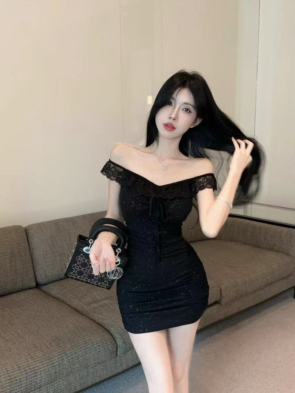 Off Shoulder Glitter Lace Trim Mini Bodycon Dress L020