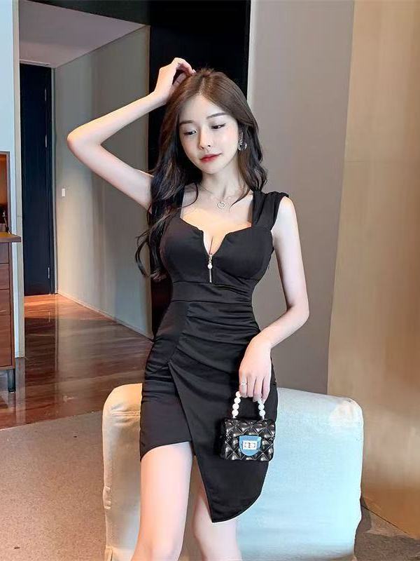 Women's Off Shoulder Dress Mini Zipper Asymmetrical L057 (S/M/L)